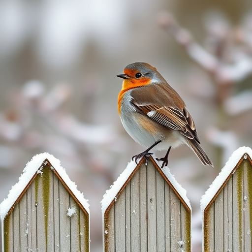 Robin perched on frosty garden fence