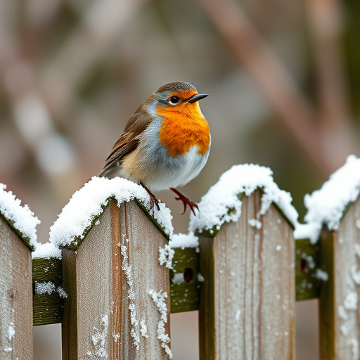 Robin perched on frosty garden fence