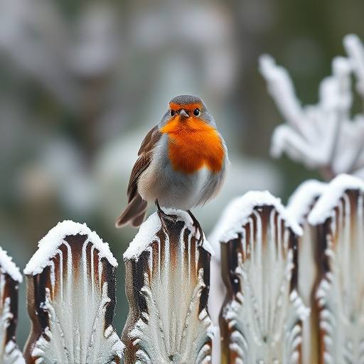 Robin perched on frosty garden fence