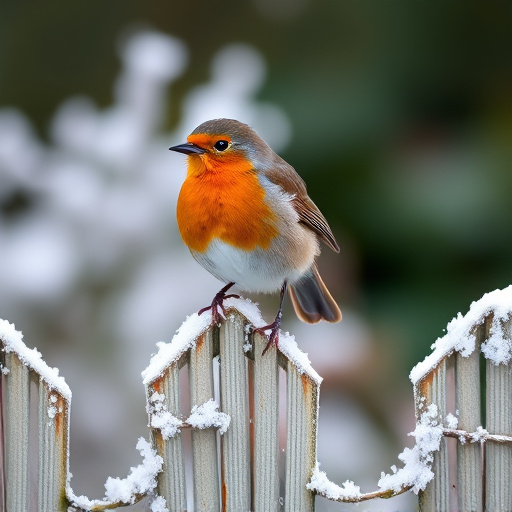 Robin perched on frosty garden fence