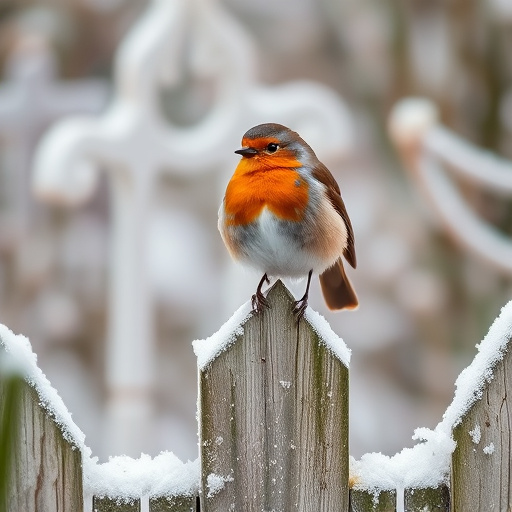 Robin perched on frosty garden fence