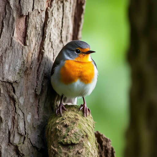 Robin resting near tree trunk