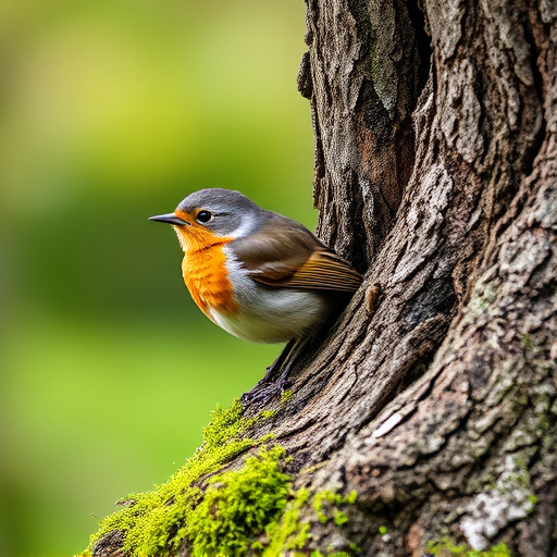 Robin resting near tree trunk