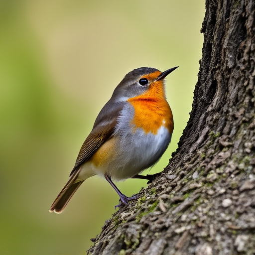 Robin resting near tree trunk