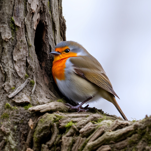 Robin resting near tree trunk