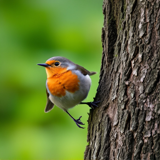 Robin resting near tree trunk