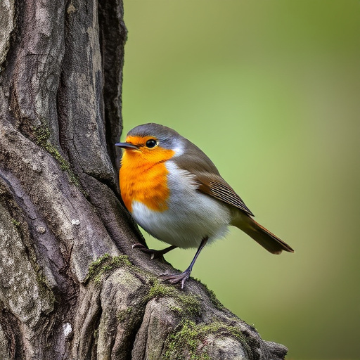 Robin resting near tree trunk