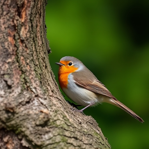 Robin resting near tree trunk