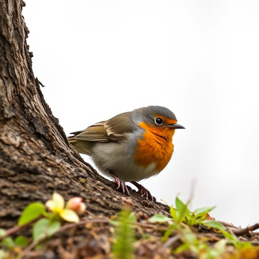 Robin resting near tree trunk