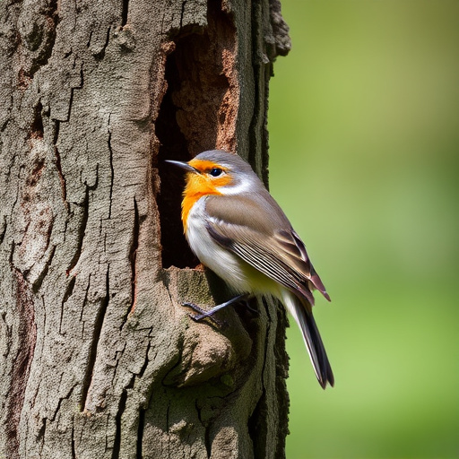 Robin resting near tree trunk