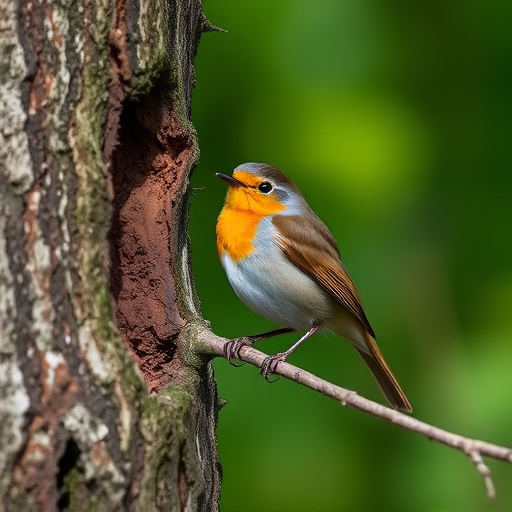 Robin resting near tree trunk