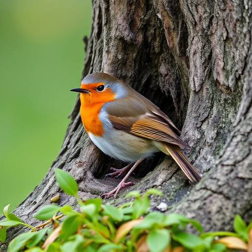 Robin resting near tree trunk