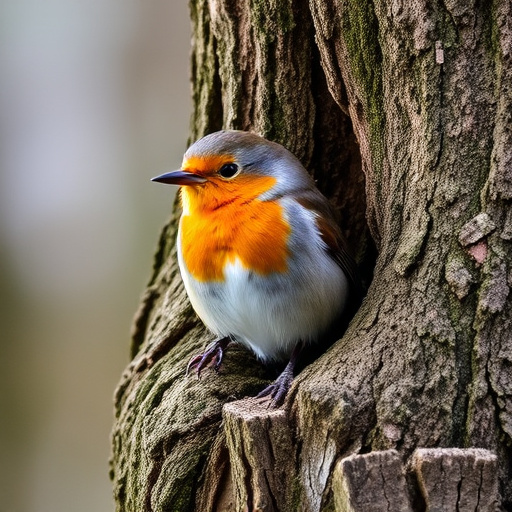 Robin resting near tree trunk