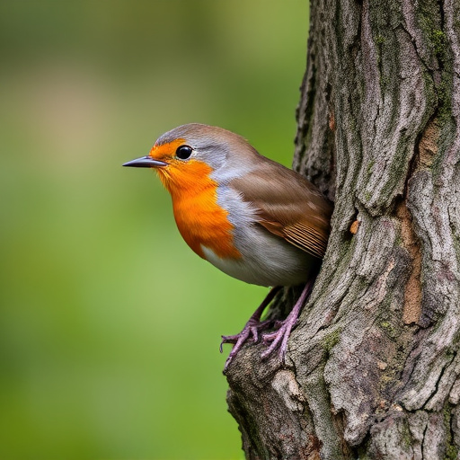 Robin resting near tree trunk