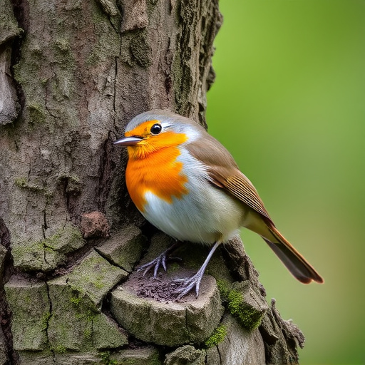Robin resting near tree trunk