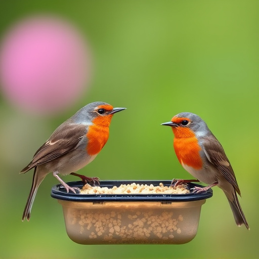 Robins and tits eating from hanging feeder