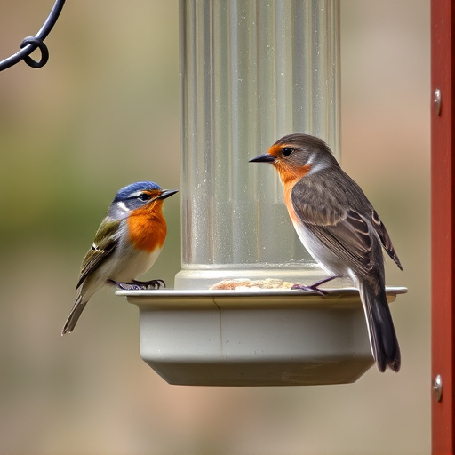 Robins and tits eating from hanging feeder