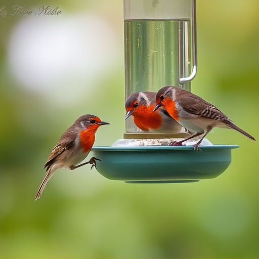 Robins and tits eating from hanging feeder