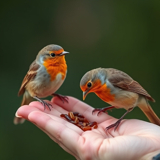Robins eating mealworms from hand