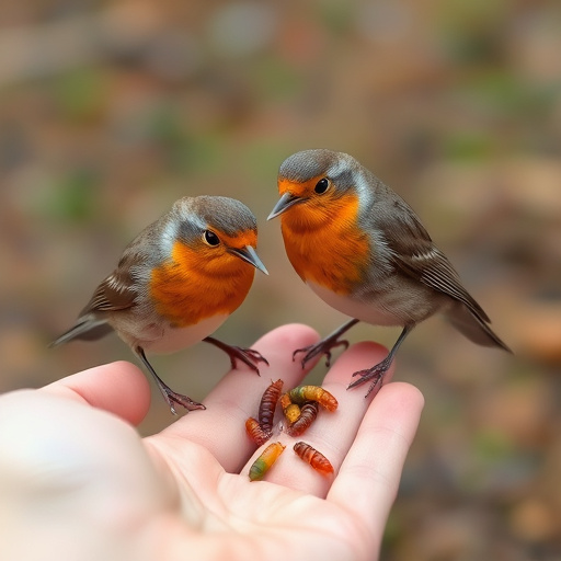 Robins eating mealworms from hand