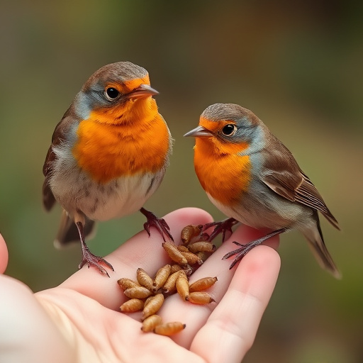 Robins eating mealworms from hand
