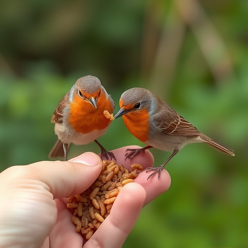 Robins eating mealworms from hand