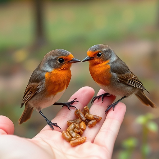 Robins eating mealworms from hand
