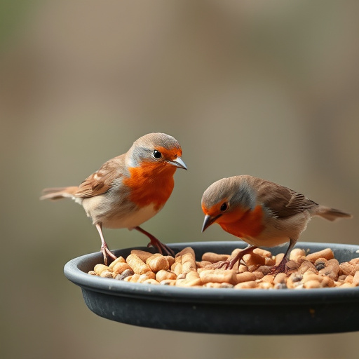 Robins eating suet pellets from tray