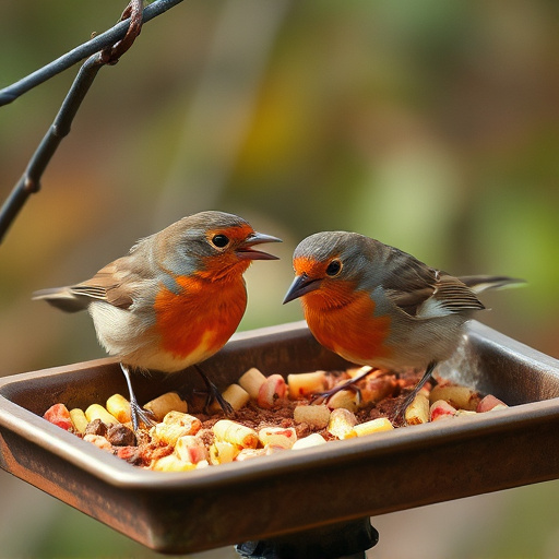 Robins eating suet pellets from tray