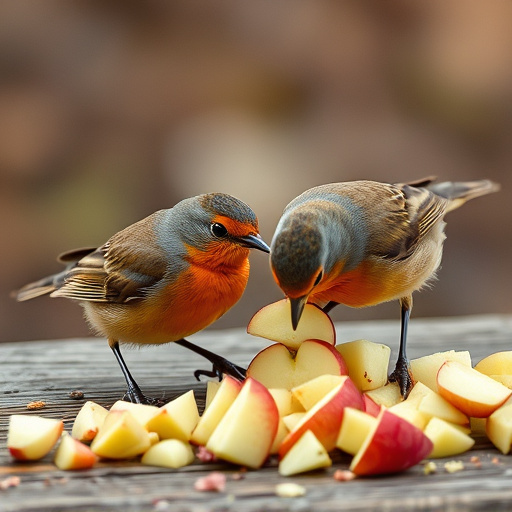 Robins feeding on chopped apples