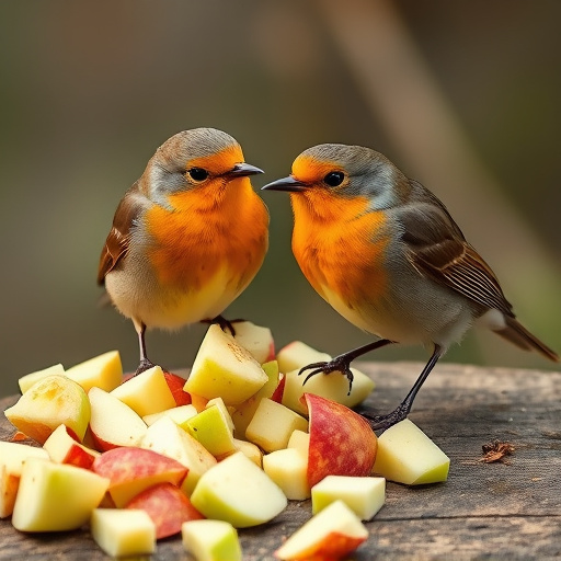 Robins feeding on chopped apples