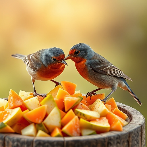 Robins feeding on chopped fruit pieces