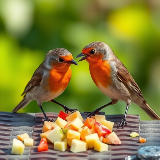 Robins feeding on chopped fruit pieces