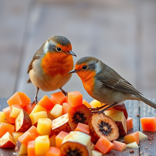 Robins feeding on chopped fruit pieces