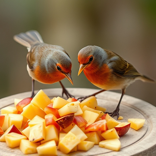 Robins feeding on chopped fruit pieces