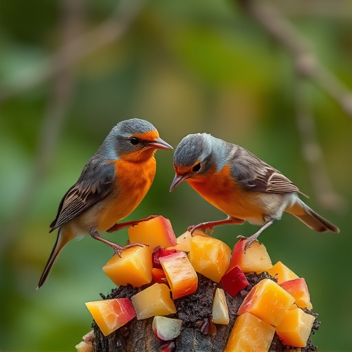 Robins feeding on chopped fruit pieces