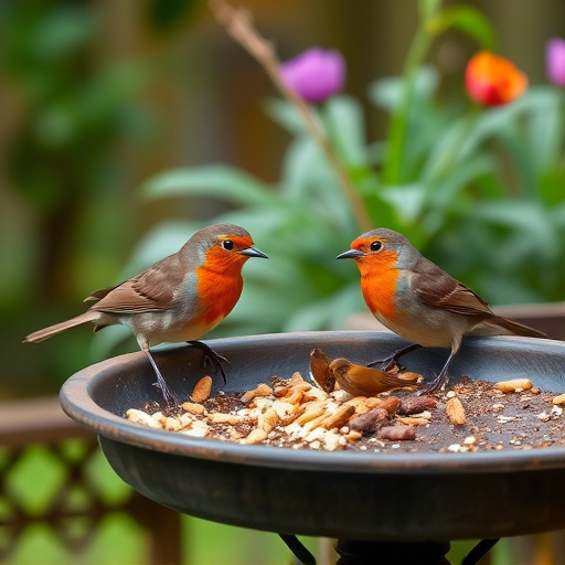 Robins feeding on low garden tray