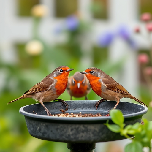 Robins feeding on low garden tray