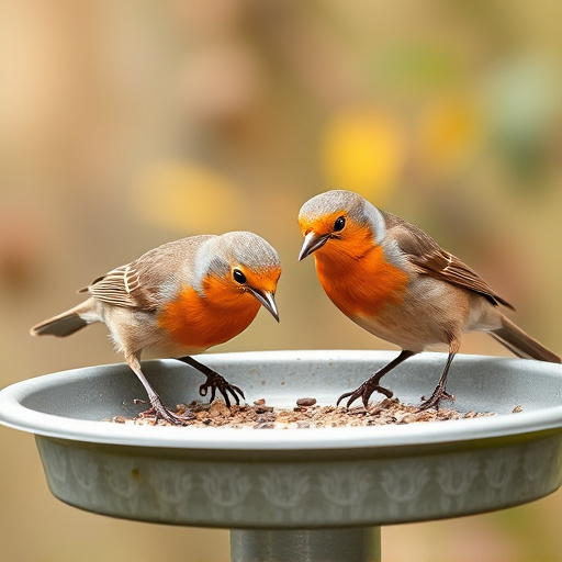 Robins feeding on low garden tray