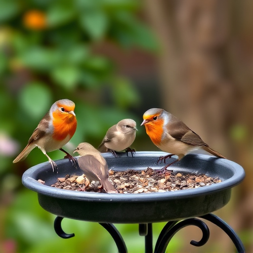 Robins feeding on low garden tray