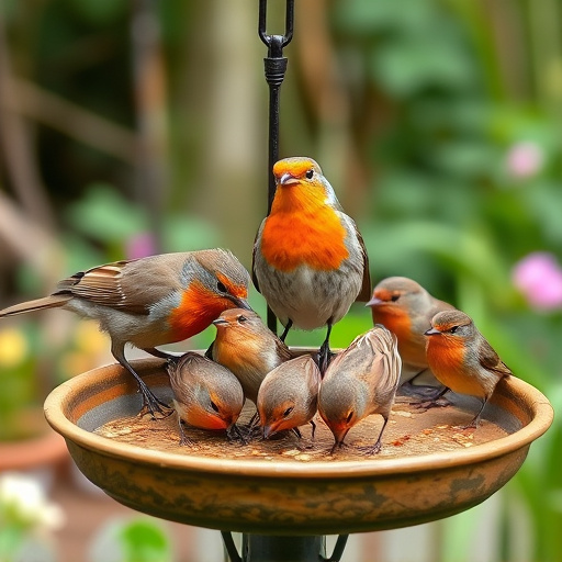 Robins feeding on low garden tray