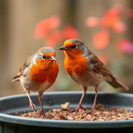 Robins feeding on low garden tray