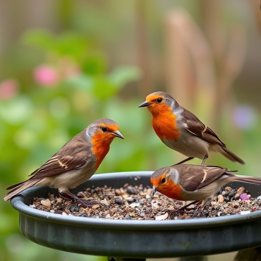 Robins feeding on low garden tray