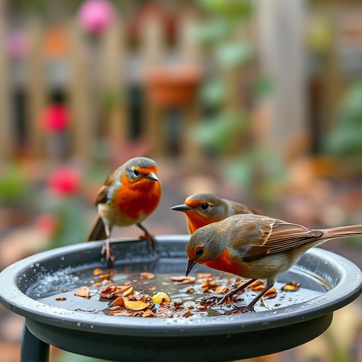 Robins feeding on low garden tray