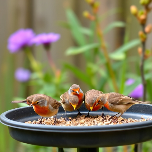 Robins feeding on low garden tray