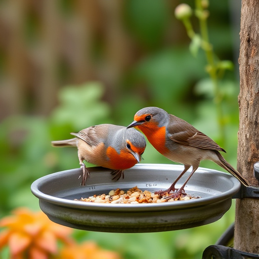 Robins feeding on low garden tray