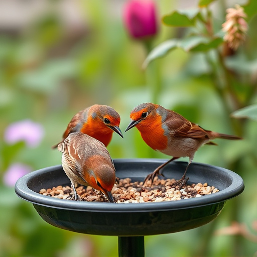 Robins feeding on low garden tray