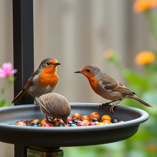 Robins feeding on low garden tray