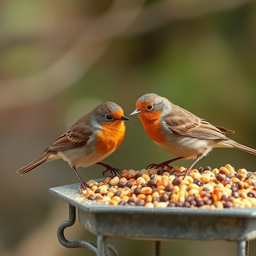 Robins pecking at scattered seed