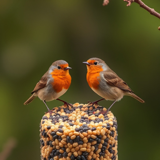 Robins pecking at scattered seed
